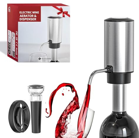 Electric Decanter and Dispenser Set – Rechargeable Automatic Wine Dispenser with Stopper, Foil Cutter and Retractable Food-Grade Stainless Steel Straw – Black