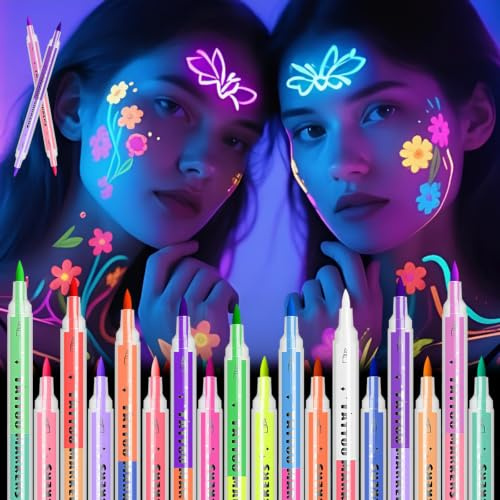 Maquillage Fluo,Maquillage Fluorescent Dans Le Noir, 9pcs | 18 Couleurs,Double Embout,Formule Douce,Résistant à L'eau,Application Précise,Facile à Nettoyer