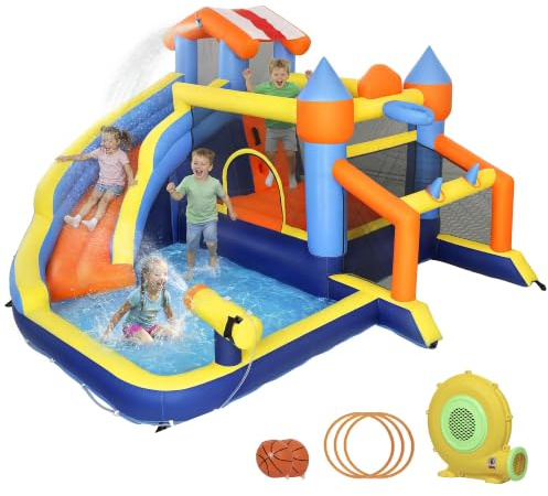 AIYAPLAY Château Gonflable Extérieur Parc Aquatique avec Souffleur 8 en 1 | Toboggan, Trampoline, Piscine à Balles, But de Football, Mur d'Escalade, Panier de Basket, Jeu d'Anneaux, 350x325x210cm