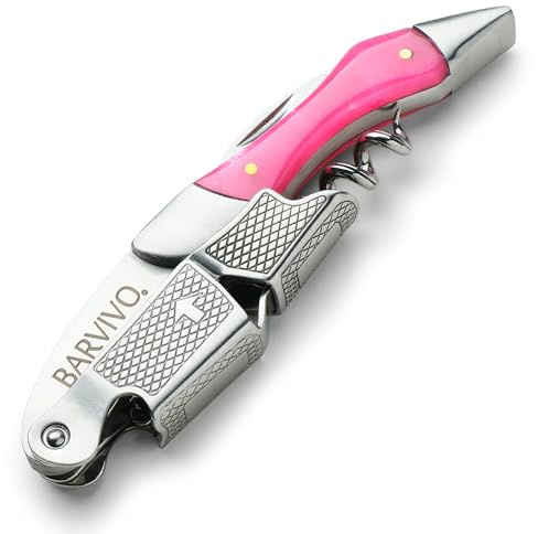 Tire-bouchons professionnels par BARVIVO, utilisés pour d’ouvrir des bouteilles de bière et de vin par les serveurs, sommelier et barmans du monde. Fait d’acier inoxydable et en Résine rose.