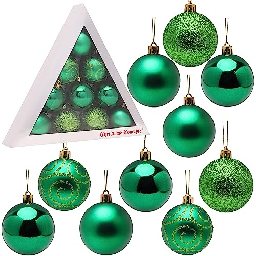 Christmas Concepts® Pack of 10-60mm (2.4) Christmas Tree Baubles - Shiny, Matte & Glitter Decorated Baubles (Emerald Green)
