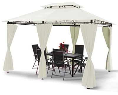 Luxus LED - Pavillon 3x4m Minzo - inkl. Seitenwände mit LED Beleuchtung + Solarmodul Gartenpavillon optional mit Moskitonetz Partyzelt Gartenzelt (mit Moskitonetz, Creme)