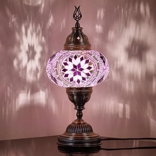 Demmex Turkish Moroccan Mosaic Table Bedside Night Tiffany Colorful Lamp Light Lampshade, 30cm, Purple
