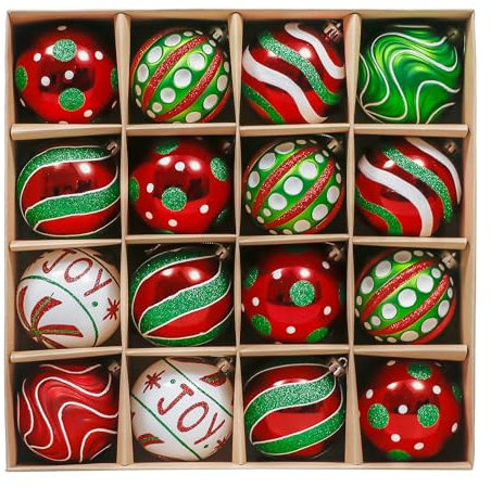 Valery Madelyn Christmas Baubles for Christmas Tree Decorations, 16pcs 8cm Red Green and White Shatterproof Giant Baubles for Christmas Tree Balls Ornaments for Xmas Decoration