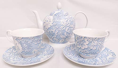 Rainbow Decors Blue Lace Tea Set for Two Fine Bone China 1 Teapot 2 Cups 2 Saucers Hand Decorated in UK Light Blue & White Flowers
