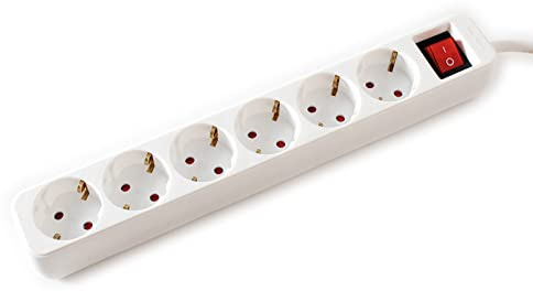 Power strip with protective contact sockets including on/off switch and touch protection for indoor use.