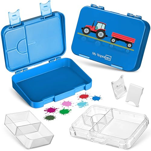 My Vesperbox – Len - Bento Box Kinder - Lunchbox mit 4+2 Fächern - extrem robust – Brotdose – Brotbox ideal für Kindergarten und Schule… (Blau - Traktor mit Anhänger)