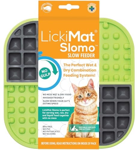 LickiMat Slomo, Cat Slow Feeder Lick Mat, Boredom anxiety reducer; perfect for food, treats, yogurt, or peanut butter. Fun Alternative to a Slow Feed Cat Bowl or Dish, Green