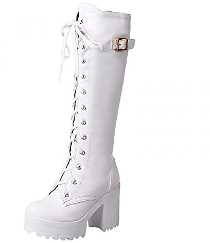 PAIDAXING Botas de plataforma gruesa para mujer, botas góticas, punk, con cordones, mediados de la rodilla, botas altas de combate con cordones, botas blancas y negras, talla 4.5-7, White, 39.5 EU