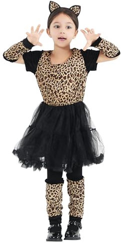 GEMVIE Kinderkostüm Leopard Kostüme Tutu Kleid mit Haarreif Mädchen Fasching Karneval Halloween Tiere Cosplay Verkleidung 4-6 Jahre