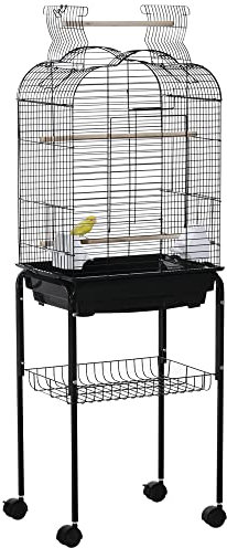PawHut Cage à Oiseaux volière pour Oiseaux sur roulettes avec Toit ouvrant 3 perchoirs étagère inférieure 46 x 36 x 130 cm Noir