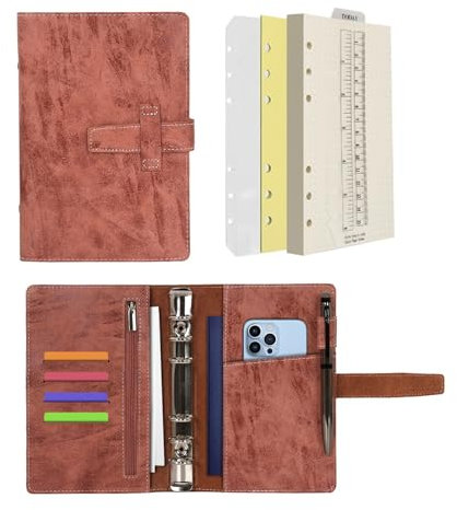 Wonderpool A6 Leder Ringbuch Tagebuch Notizbuch Organizer Ordner - Nachfüllbar Gepunktetes Papier und Multi Taschen für Business Studium Reisen (A6, Braun)