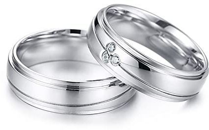 Dsnyu Edelstahl Ringe Hochzeit, Verlobungsring Paar Silber 6MM Breite Poliert Runden Zirkonia Partner Ringe Personalisiert Damen Gr. 52 (16.6) & Herren Gr. 60 (19.1)