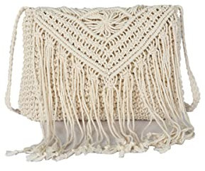 WIGUYUN Handgefertigte Damen-Schultertasche aus Baumwolle, mit Fransen, Umhängetasche, Quasten, handgewebt, Bohemian-Tasche, A-beige, Einheitsgröße