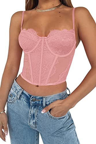 Dealmore Womens Corset Top Going Out Lace Spaghetti Strap Crop Y2K Mesh Date Night Party Bustier Cami 2025, Pink, X-Small