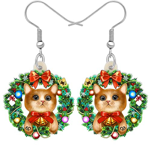 LONYOO Acryl Anime Weihnachten Katze Ohrringe Baumeln Cute Katze Schmuck Geschenke für Frauen Mädchen Katzenliebhaber (Grün)