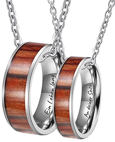 Edelstahl Partner Ketten 2 Stück, Ringe Anhänger Silber mit Gravur EIN Leben lang an deiner Seite Holz Partner Ketten Jungs für Frauen Männer, Breite 6/8MM, Länge 50cm 60cm