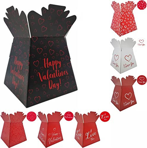 Valentines/Love/Anniversary Bouquet Box Vase - Transportation/Display Flower Box (Black & Red Happy Valentines Day)