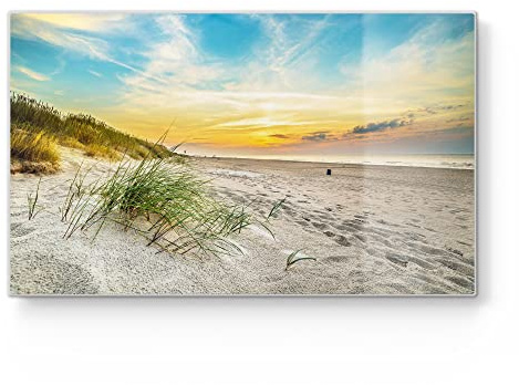 DEQORI Frühstücksbrett Glas | klein 23x14 cm | Motiv Baltischer Dünenstrand | Design Schneidebrett für Küche | Frühstücksbrettchen antibakteriell & rutschfest | Glasplatte & Servierplatte