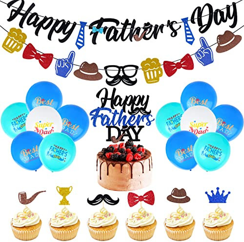 KIMOBER Vatertags-Party-Dekorationen, 27 Stück, glitzernde Vatertags-Dekorationen mit Banner, Luftballons, Kuchen-Cupcake-Topper für Happy Father's Day Partyzubehör