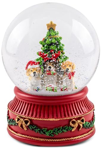 Musicboxworld MMM GmbH, 63033 Spieluhr - Schneekugel Weihnachtshunde vor dem Tannenbaum 120 mm