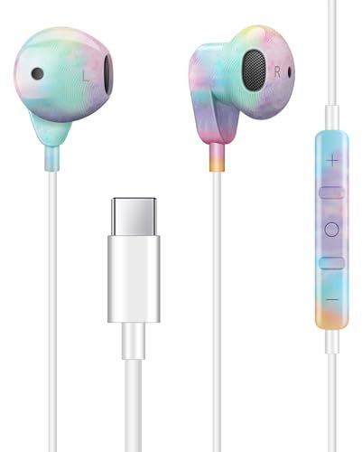 Vunake USB C Headphones Type C Headphones In Ear Wired Headphones Built-in Microphone Volume Control Bass Stereo Noise Canceling USB C Earbuds for Samsung S23 Ultra A54 S20 FE Pixel 6 iPad,Colorful