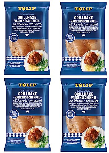 TULIP 4x 600 g Grill-Haxe mit Schwarte | Tafelfertig Kross Gegart Vakuumverpackt | Schweinshaxe einfach im Backofen zubereitet in ca. 30-40 Minuten | Ohne Kühlung