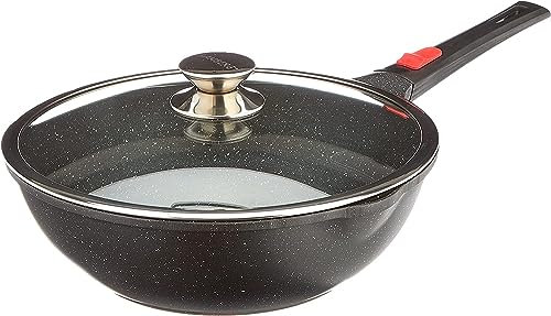 Kamberg 0008056 Wok 28 cm, manico rimovibile, ghisa di alluminio, rivestimento in pietra, coperchio in vetro, adatta a fuoco e induzione, senza PFOA