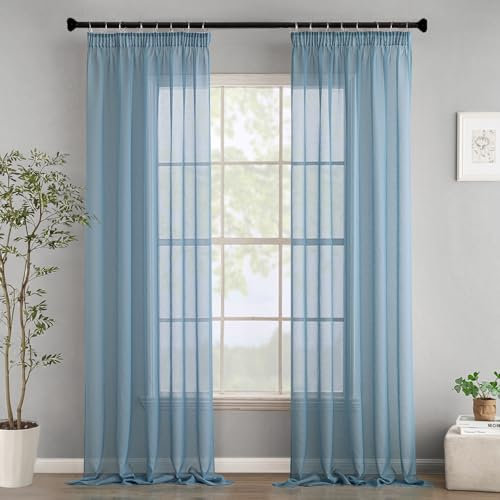Woaboy Gardinen mit Kräuselband Voile Vorhänge Wohnzimmer Transparent Sheer Curtains Stores Gardine Schlafzimmer Modern Schlaufengardinen 2er Set 140x225cm (BxH) Navy Blau