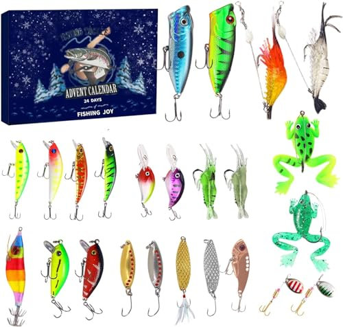Gehanico Angel Adventskalender 2023 Fishing Deluxe Raubfisch Angel Weihnachtskalender 24 Tage Angelköder-Set Adventskalender Mit Angeln Köder & Angelzubehör Für Fischen