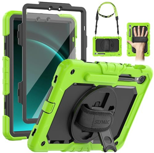 SEYMAC Custodia per Samsung Galaxy Tab S10 FE 10.9 / S9 FE 10.9/ S9 11 Pollici, Custodia Antiurto con Pellicola Protettiva, Supporto Girevole a 360°, Tracolla, con Portapenne, Verde