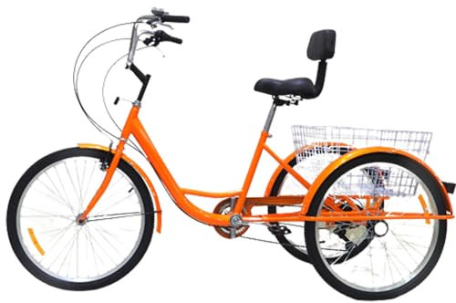 UPIKIT 24 Zoll Pedal Dreirad Erwachsene 3-Rad-Fahrrad 7-Gang Einstellbar Mit Einkaufskorb Senioren Trike Für Outdoor-Freizeit Täglich Reiten Tragen Von Waren,One Size,Orange