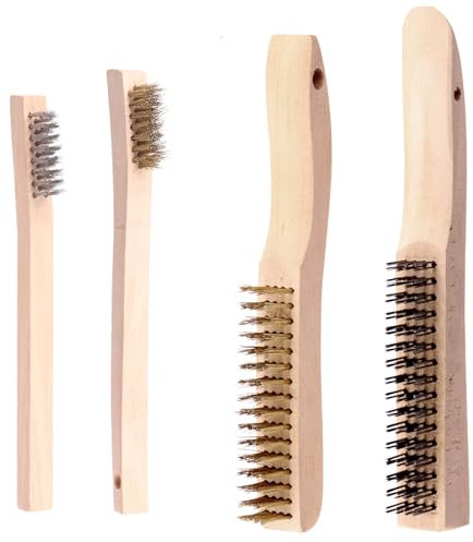 Tanstic 4Pcs Wire Brush Set, Medium & Small Brass/Stainless Steel/Carbon Steel Bristles with Long Beechwood Handle, Wire Scratch Brush for Paint, Welding and Rust Removal