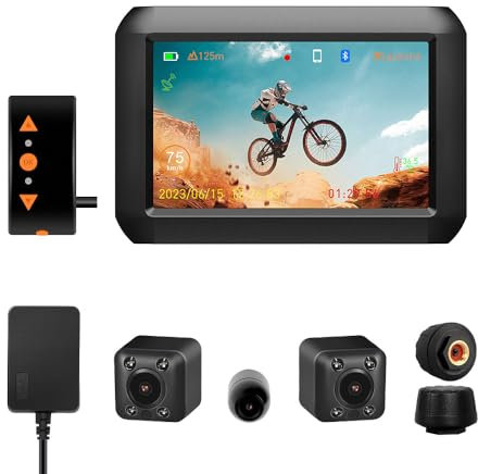 VSYSTO Fahrrad Rückfahrkamera, Lenker Fahrrad Spiegel 4'' Bildschirm WiFi HD 1080P Front und Heck und Selfie Kamera DVR mit Reifendrucksensoren GPS Telefon Assistant Mode Temperatursensor(Schwarz-F3K)