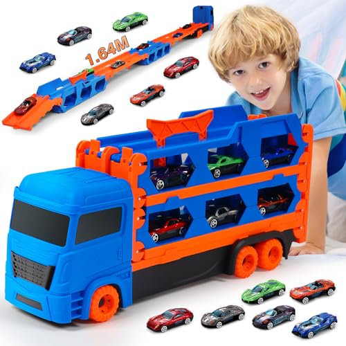 Dachiy Camion De Transporteur Piste De Course Éjectable Camion Jouet Voiture avec 6 Petite Voiture, Transporteur Voiture Jouet Set, Camion Jouets De Transport Portable, Cadeau pour 3 4 5 6 Ans Garcon