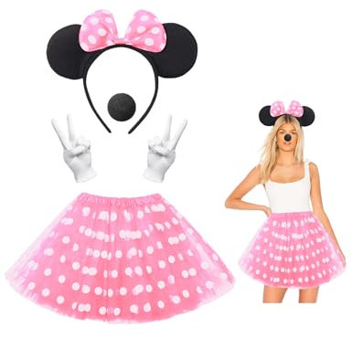 Clundoo Costume Mouse Ragazza, 4 Pezzi Costume Minnie, Tutu di Minnie, Gonna a Pois Bambina, con Cerchietto Minnie, Guanti Bianchi, Naso per Carnevale Halloween Cosplay Festa di Compleanno (Rosa)