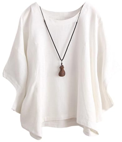 ORANDESIGNE Chemise Lin Femme Chemisier Coton Et Lin Col Rond Manches Chauve-Souris Tops Unie Lâche Respirant T-Shirts Demi-Manches Casual Lin Tunique Blouse Pas d'accessoires