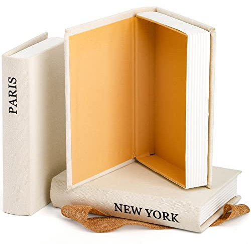 Tosnail Set of 3 Decorative Book Boxes, Modern Design Book Stack with Rustic Burlap Wrap, Faux Books for Home Decor, Office, Coffee Table, Shelf, Living Room