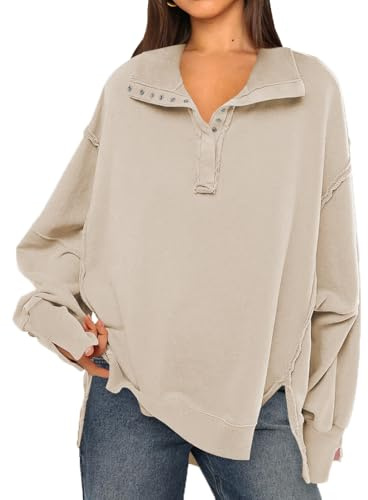 OLIPHEE Sweatshirt Femme Sweat Patchwork Grand Col V avec Boutons Pull Vintage Grande Taille Sweat Femme sans Capuche Col Roulé Manches Longues Sweat Oversize Femme Casual Sportwear