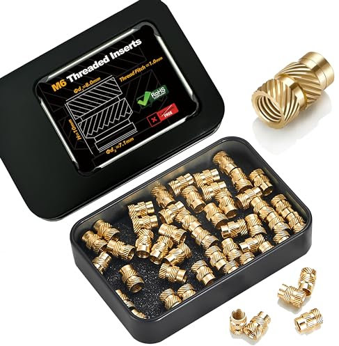 Kadrick 50Pcs M6 Threaded Inserts for 3D Printing Components,M6*10 * 8 Metric Brass Knurled Nuts, Insert by Heat into Plastic Parts