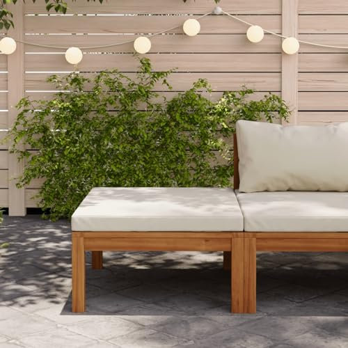 LAPOOH Reposapiés con cojín, Taburete Terraza, Taburete De Jardin, Reposapies Sofa, Taburetes Bajos, Taburete Reposapies, Blanco Crema Madera Maciza de Acacia
