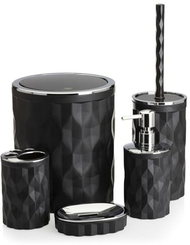 HowHomely Badezimmer Set mit Klobürste Seifenspender Zahnputzbecher Seifenablage und Mülleimer | Silber-Schwarz Badezimmer Zubehör Set | Modern Badaccessoires Set (Reina)