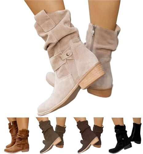 Stivaletti da donna eleganti alla caviglia con tacco a blocco, stivali corti con doppia chiusura lampo, stile retrò, in pelle scamosciata, per l'inverno, per il tempo libero, colore beige 38, 01