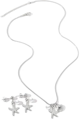 FDEETY 2 Stück Damenschmuck Set Edelstahl Damen Seestern Muschel Anhänger Halskette Ohrringe Set Stilvolles Design Premium Textur für Jeden Tag Urlaub（Silber）