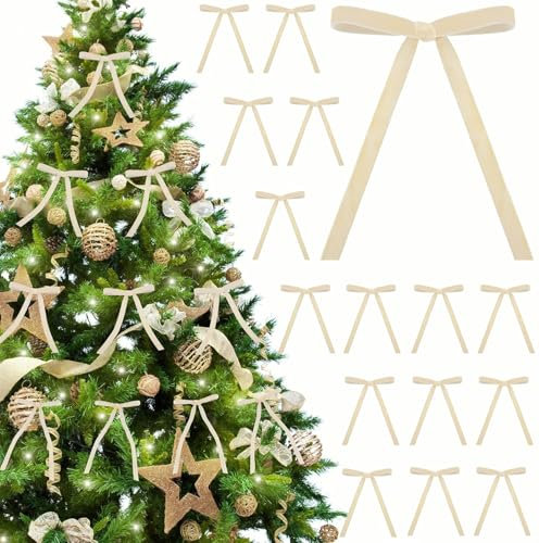 QTUN 36 Stück Beige Samt Weihnachten Schleifen Zierschleifen Weihnachtsbaum Bögen Vintage Samt Schleifen Weihnachtsbaumschmuck Weihnachtsbogen Geschenkschleife für Weihnachtskranz Dekorationen