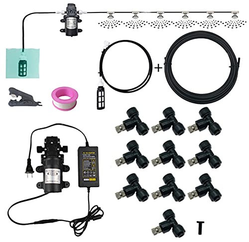 20m DIY Système de Brumisateur, Système de Refroidissement Kit par Brumisation Extérieur avec pompe 12v, Patio Atomisation Micro Sprinkler Irrigation Jardin, Système D'irrigation pour Gazebo/ Réseaux(