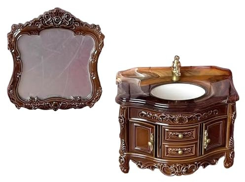 Dickly 1/12 Puppenhaus-Badezimmer-Waschtisch mit Spiegelmodell, Miniaturmöbel-Szenenlayout, Dunkelbraun