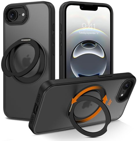 DOMAVER Case for iPhone 16E/iPhone SE 4 2025 Supports Wireless Charging Rotatable Stand Holder Shockproof Matte Cover Anti-Yellowing, Full Body Protective Case for iPhone 16E/iPhone SE 4 6.1, Black