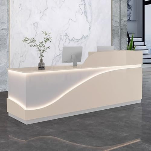 GUQASDV Empfangstheke Rezeption, Empfangstresen für Praxis, Reception Desk Salon, Rezeptionstheke Holzwerkstoff mit Lichtstreifen für Schönheitssalons(Beige+White,140cm)