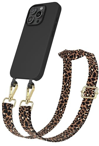 EAZY CASE - Hülle mit Band kompatibel mit iPhone 16 Pro Handyhülle für iPhone 16 Pro Schutzhülle Silikonhülle mit Handykette zum Umhängen 2in1 Hülle Handykordel Leo - Schwarz Braun Metall Gold